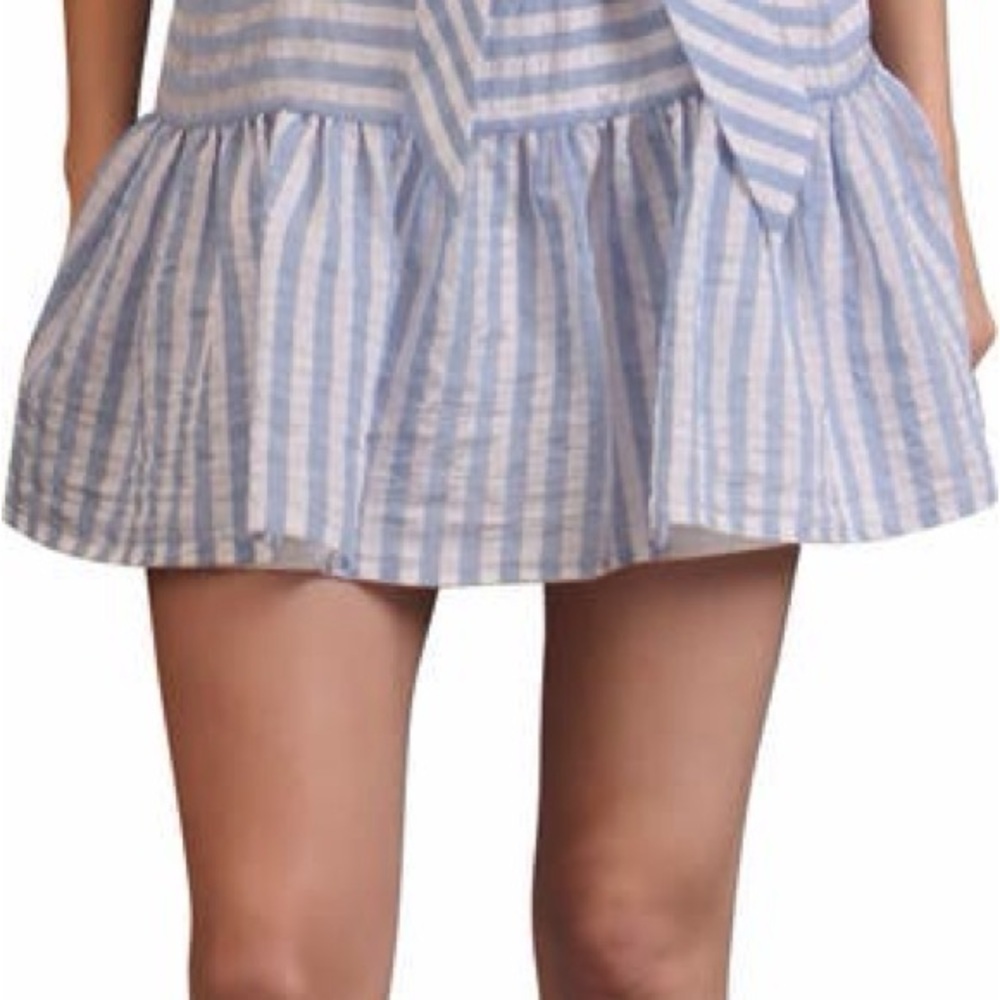 NWT Avec Les Filles Blue & White Striped High-Neck Ruffle Hem Mini Dress Size 12 - Picture 4 of 8
